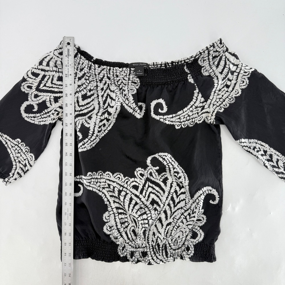 White House Black Market‎ Blouse Top Size S Black White Paisley Off Shoulder - Picture 9 of 10